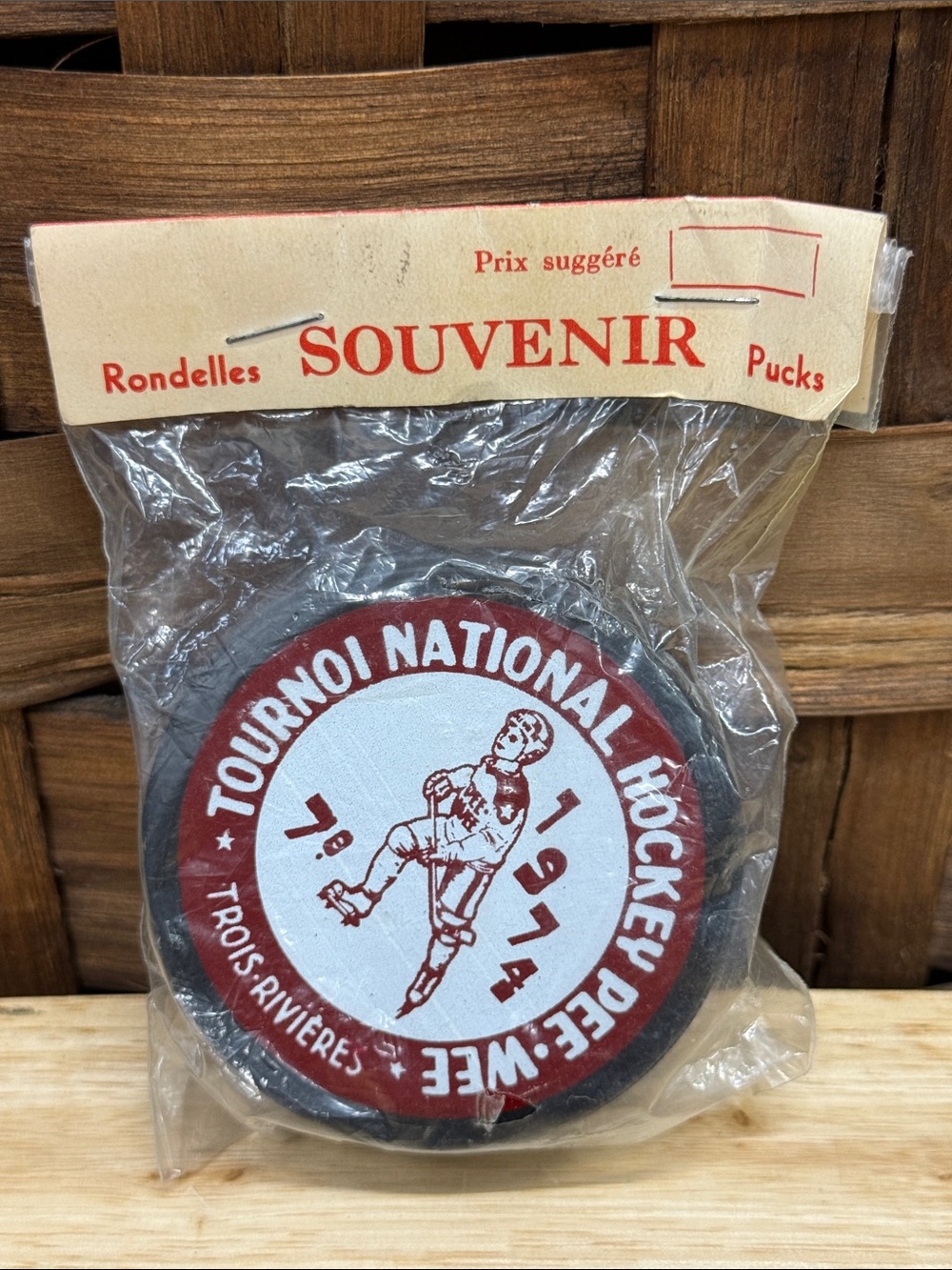 1974 Hockey Tournament Souvenir Hockey Puck - Red and White Tournament Design